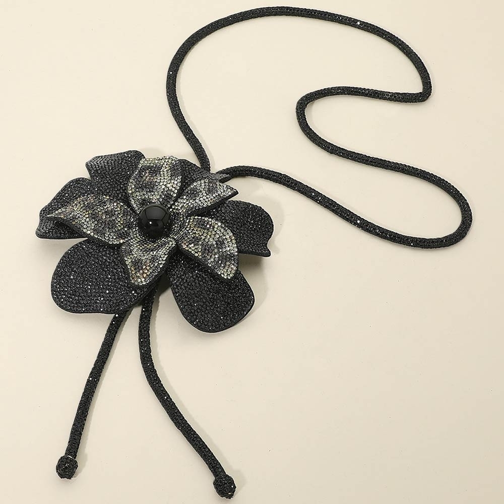 Animal Print Bling Studded Bolo Tie Pearl Flower Pendant Bold Statement Necklace
